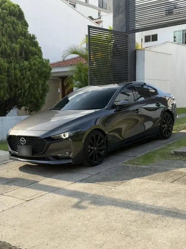 Un sedán gris oscuro de la flota de UR Private Driver estacionado en una calle residencial tranquila.